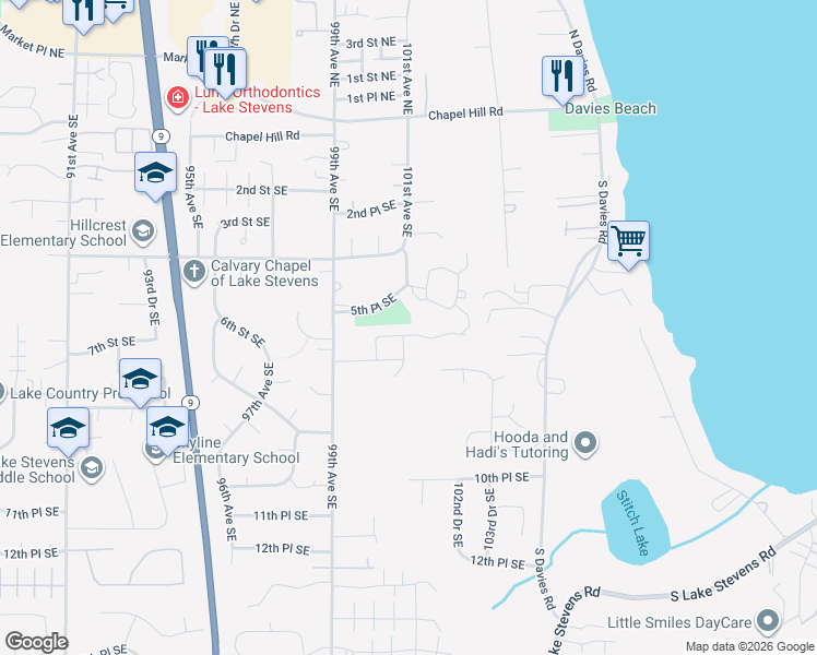 map of restaurants, bars, coffee shops, grocery stores, and more near 10107 6th Place Southeast in Lake Stevens