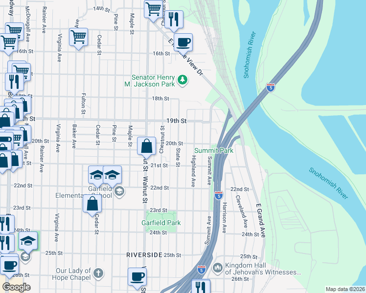 map of restaurants, bars, coffee shops, grocery stores, and more near 1928 Highland Avenue in Everett