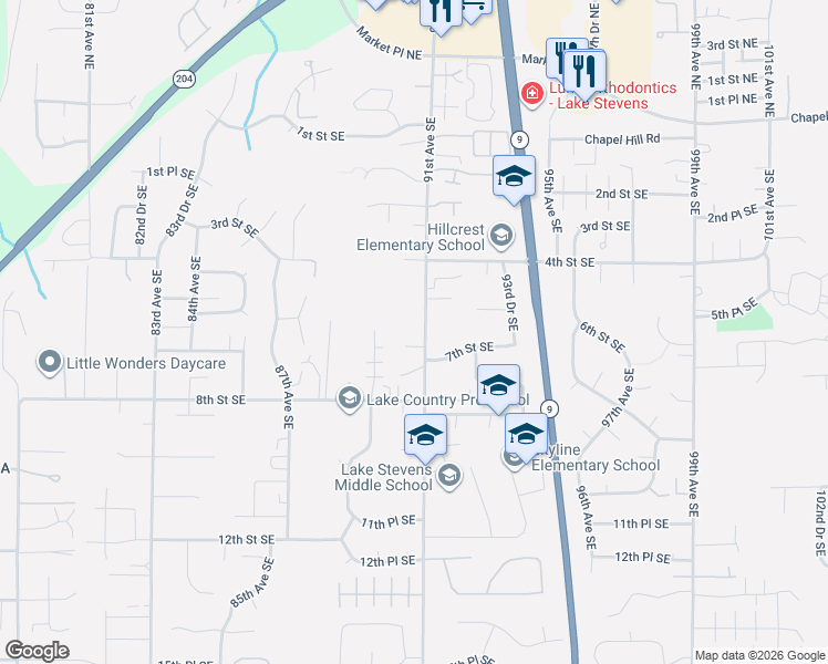 map of restaurants, bars, coffee shops, grocery stores, and more near 612 91st Avenue Southeast in Lake Stevens