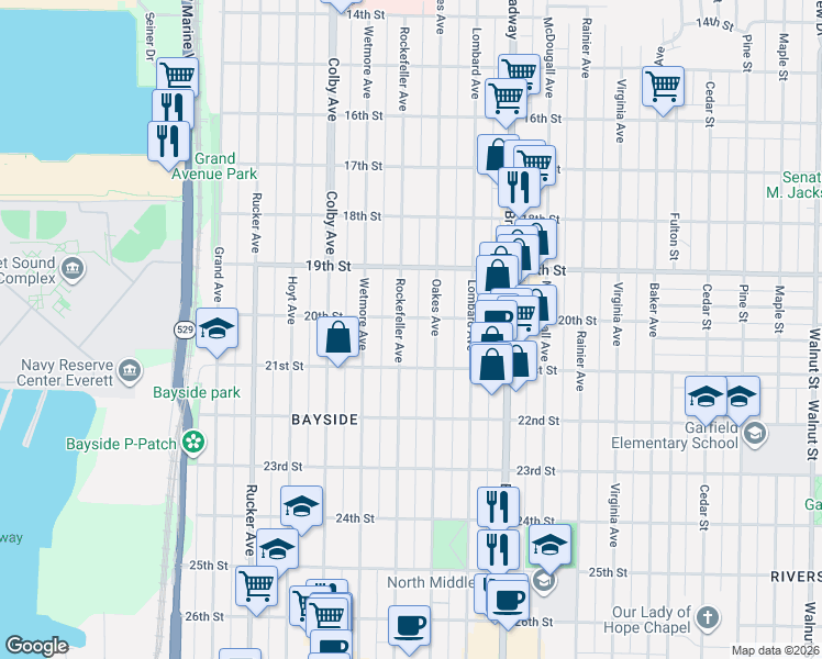 map of restaurants, bars, coffee shops, grocery stores, and more near 2001 Rockefeller Avenue in Everett