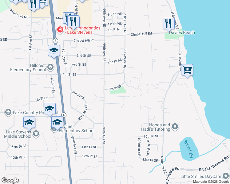 map of restaurants, bars, coffee shops, grocery stores, and more near 10018 5th Place Southeast in Lake Stevens