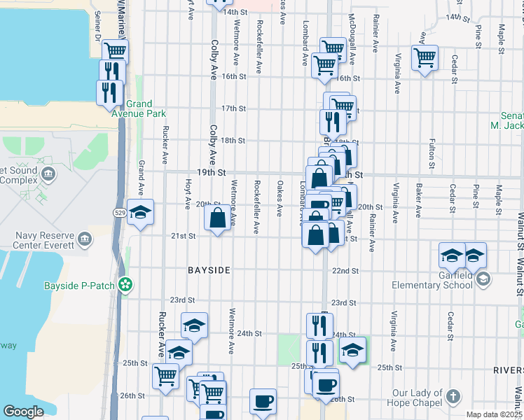 map of restaurants, bars, coffee shops, grocery stores, and more near 2001 Rockefeller Avenue in Everett