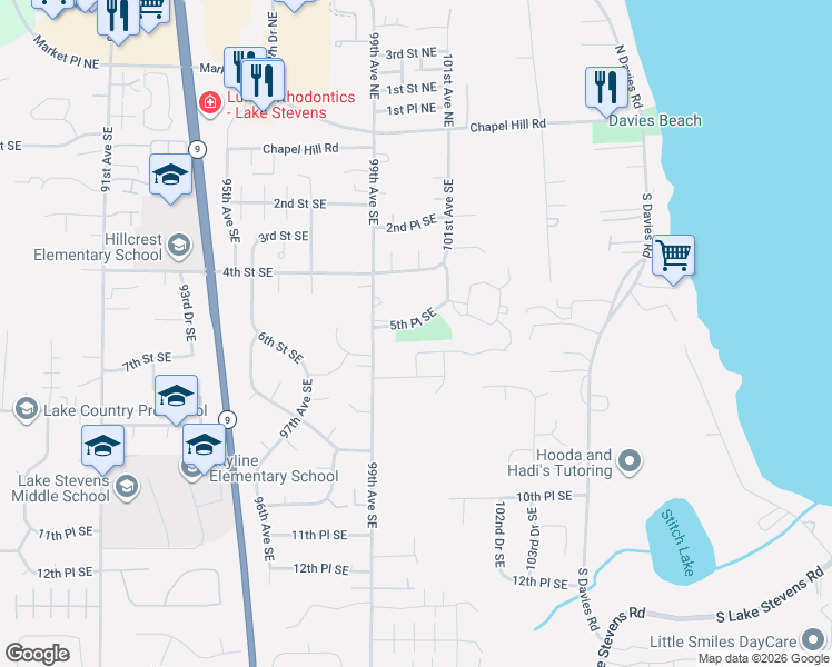 map of restaurants, bars, coffee shops, grocery stores, and more near 9929 5th Place Southeast in Lake Stevens