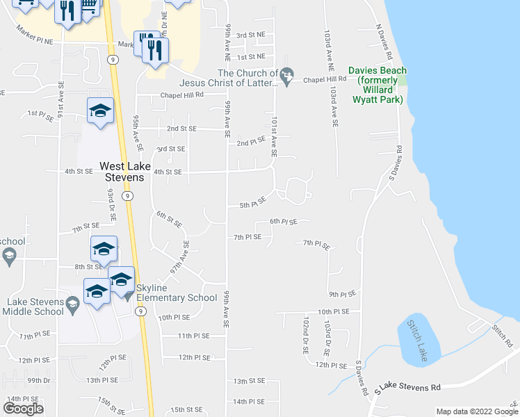 map of restaurants, bars, coffee shops, grocery stores, and more near 10018 5th Place Southeast in Lake Stevens