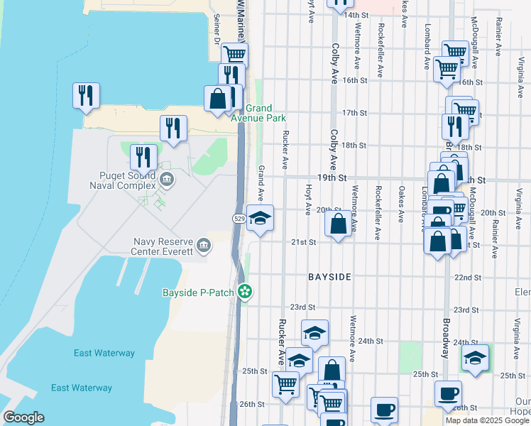 map of restaurants, bars, coffee shops, grocery stores, and more near 2001 Grand Avenue in Everett