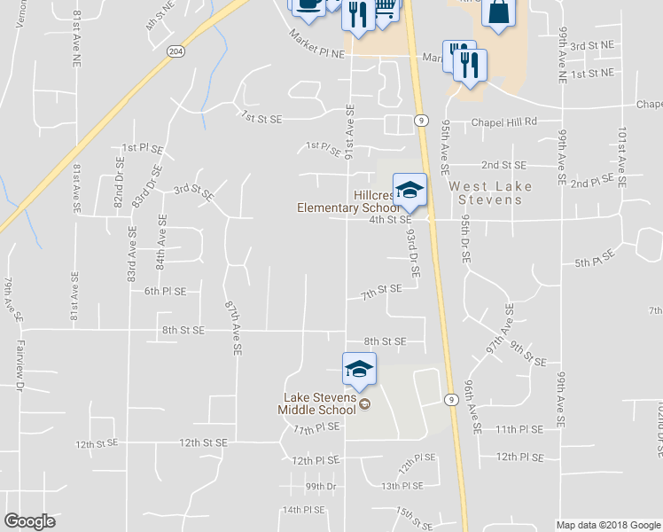 map of restaurants, bars, coffee shops, grocery stores, and more near 524 91st Avenue Southeast in Lake Stevens
