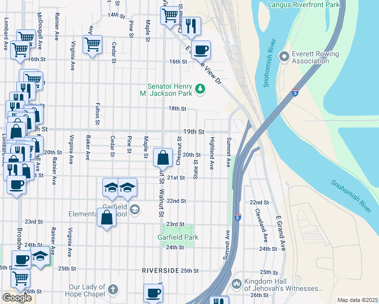 map of restaurants, bars, coffee shops, grocery stores, and more near 3213 20th Street in Everett