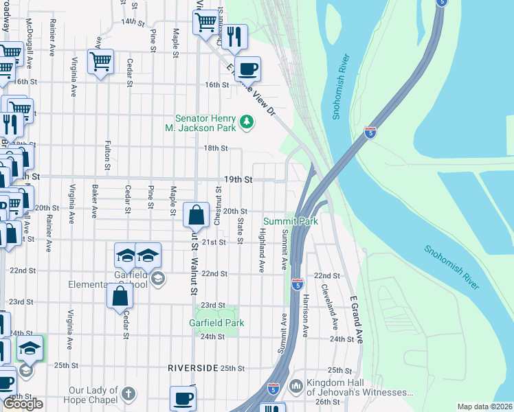 map of restaurants, bars, coffee shops, grocery stores, and more near 1928 Highland Avenue in Everett