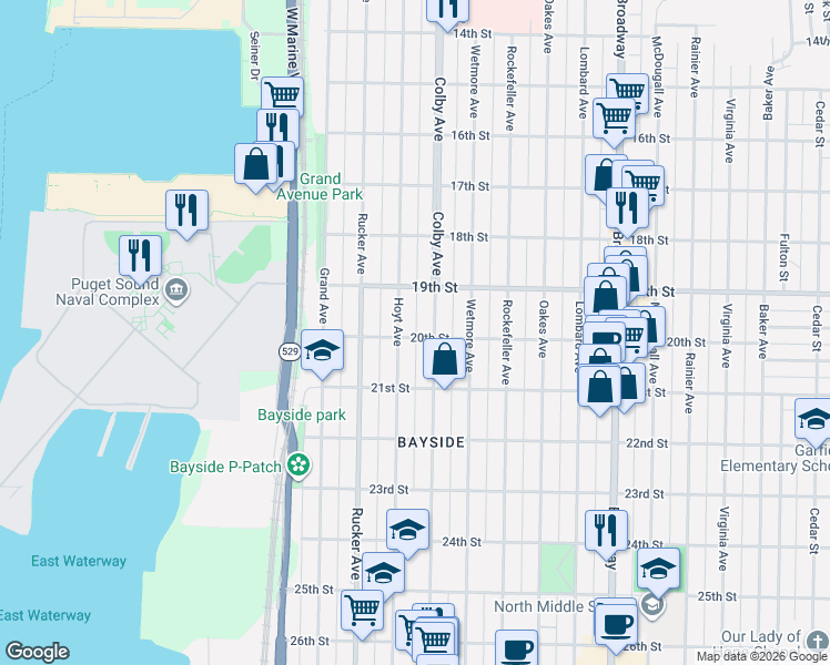 map of restaurants, bars, coffee shops, grocery stores, and more near 2001 Hoyt Avenue in Everett