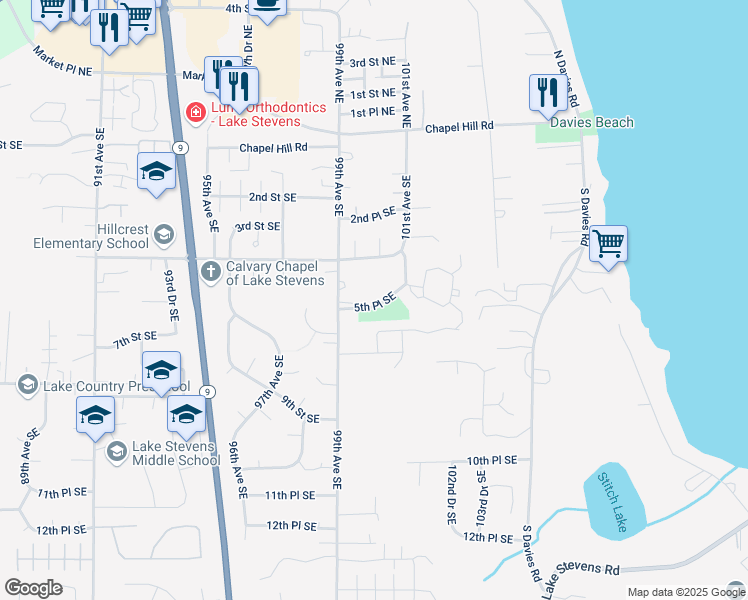 map of restaurants, bars, coffee shops, grocery stores, and more near 9929 5th Place Southeast in Lake Stevens