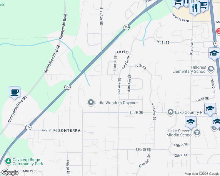 map of restaurants, bars, coffee shops, grocery stores, and more near 516 83rd Avenue Southeast in Lake Stevens