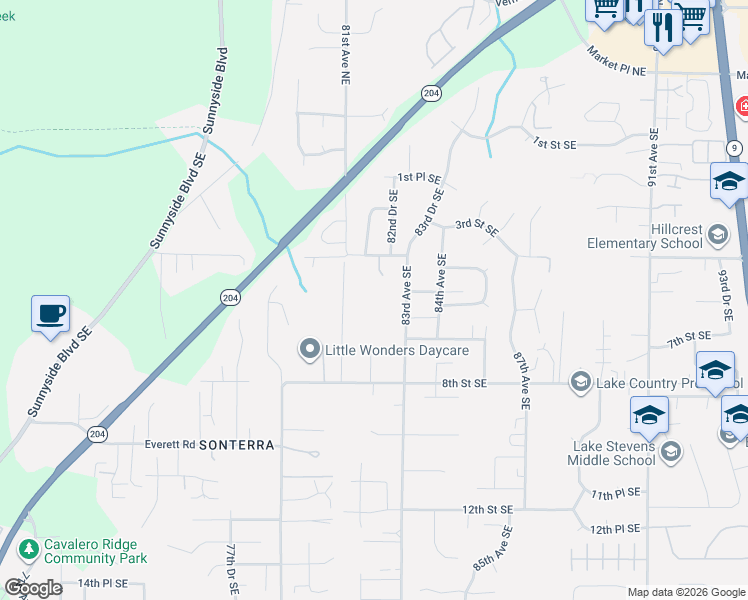 map of restaurants, bars, coffee shops, grocery stores, and more near 516 83rd Avenue Southeast in Lake Stevens