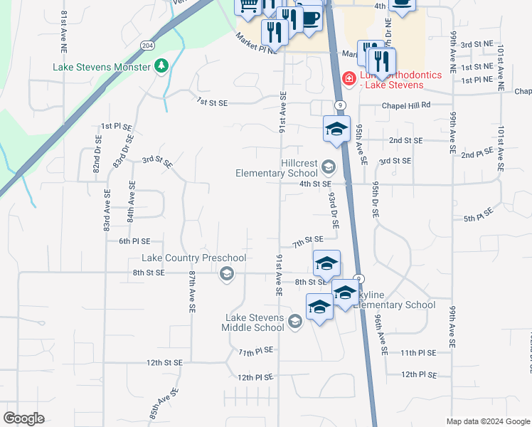 map of restaurants, bars, coffee shops, grocery stores, and more near 524 91st Avenue Southeast in Lake Stevens