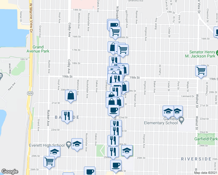 map of restaurants, bars, coffee shops, grocery stores, and more near 2002 Broadway in Everett