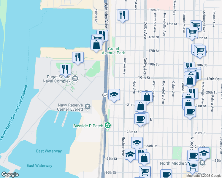 map of restaurants, bars, coffee shops, grocery stores, and more near 2001 Grand Avenue in Everett