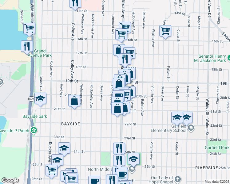 map of restaurants, bars, coffee shops, grocery stores, and more near 1925 Lombard Avenue in Everett
