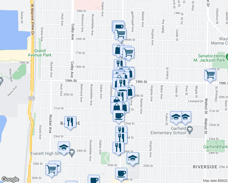 map of restaurants, bars, coffee shops, grocery stores, and more near 2002 Broadway in Everett
