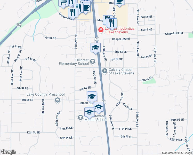 map of restaurants, bars, coffee shops, grocery stores, and more near 507 93rd Drive Southeast in Lake Stevens