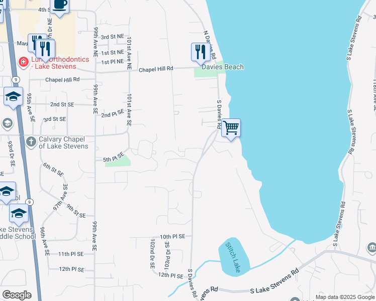 map of restaurants, bars, coffee shops, grocery stores, and more near 614 South Davies Road in Lake Stevens