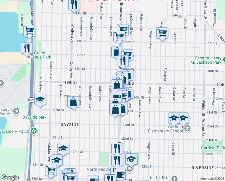 map of restaurants, bars, coffee shops, grocery stores, and more near 1917 Lombard Avenue in Everett