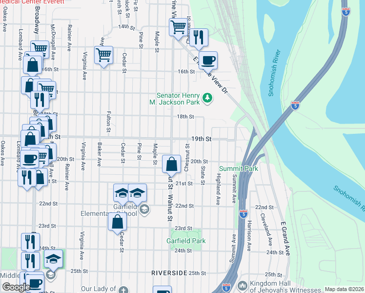 map of restaurants, bars, coffee shops, grocery stores, and more near 1910 Chestnut Street in Everett