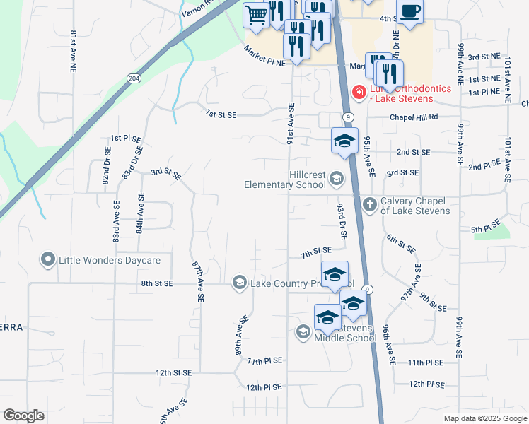 map of restaurants, bars, coffee shops, grocery stores, and more near 406 91st Avenue Southeast in Lake Stevens