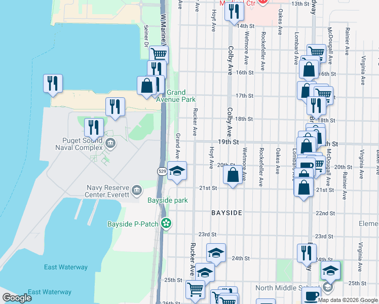 map of restaurants, bars, coffee shops, grocery stores, and more near 1901 Rucker Avenue in Everett