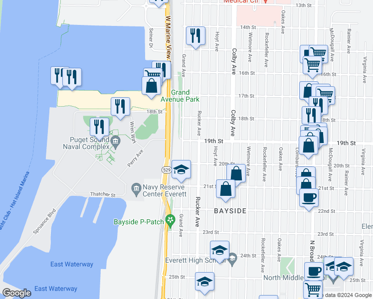 map of restaurants, bars, coffee shops, grocery stores, and more near 1901 Grand Avenue in Everett