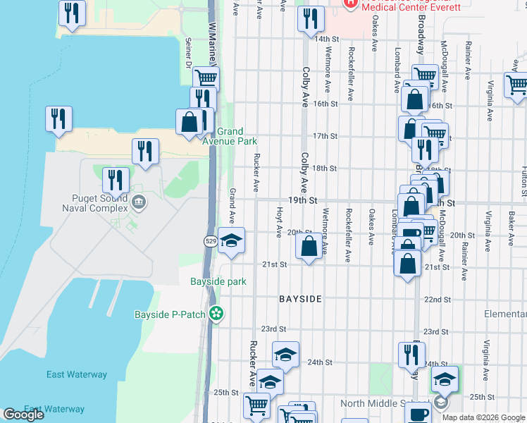 map of restaurants, bars, coffee shops, grocery stores, and more near 1901 Rucker Avenue in Everett