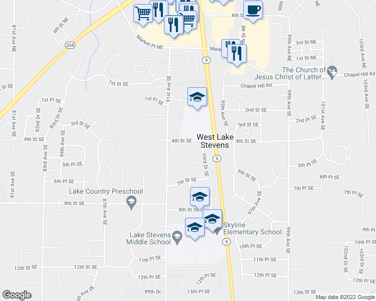 map of restaurants, bars, coffee shops, grocery stores, and more near 4TH Sunnyside Boulevard in Lake Stevens
