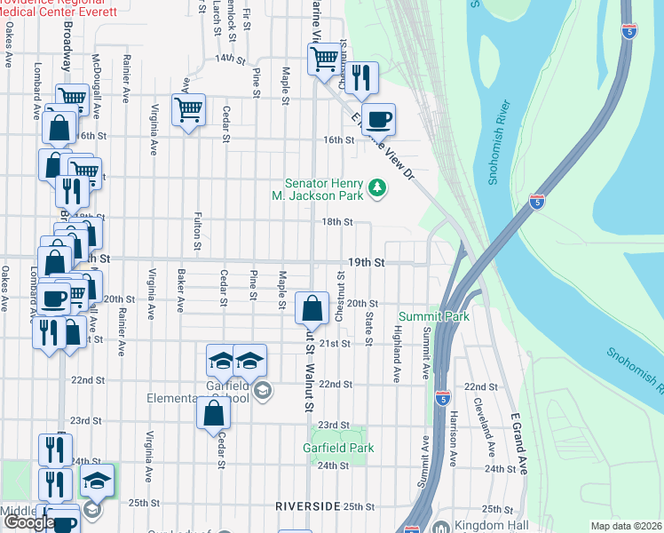 map of restaurants, bars, coffee shops, grocery stores, and more near 1828 Chestnut Street in Everett