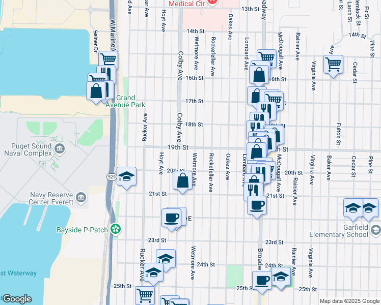 map of restaurants, bars, coffee shops, grocery stores, and more near 1831 Colby Avenue in Everett