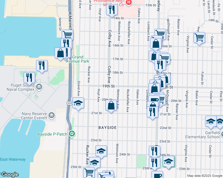 map of restaurants, bars, coffee shops, grocery stores, and more near 1831 Colby Avenue in Everett