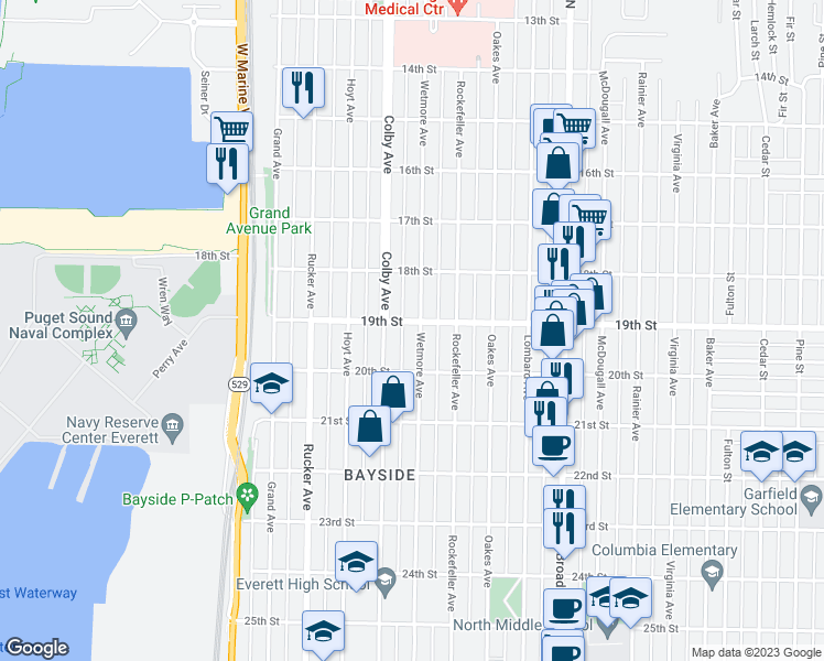 map of restaurants, bars, coffee shops, grocery stores, and more near 1904 Wetmore Avenue in Everett