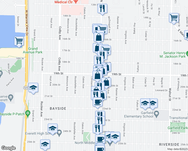 map of restaurants, bars, coffee shops, grocery stores, and more near 1901 Lombard Avenue in Everett