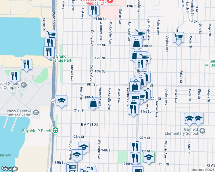 map of restaurants, bars, coffee shops, grocery stores, and more near 105 19th Street in Everett