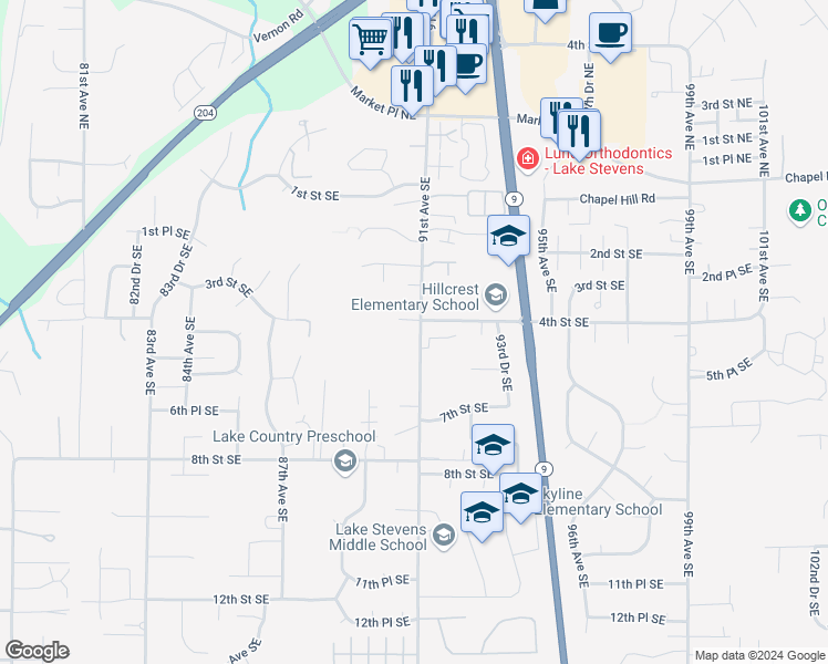 map of restaurants, bars, coffee shops, grocery stores, and more near 406 91st Avenue Southeast in Lake Stevens
