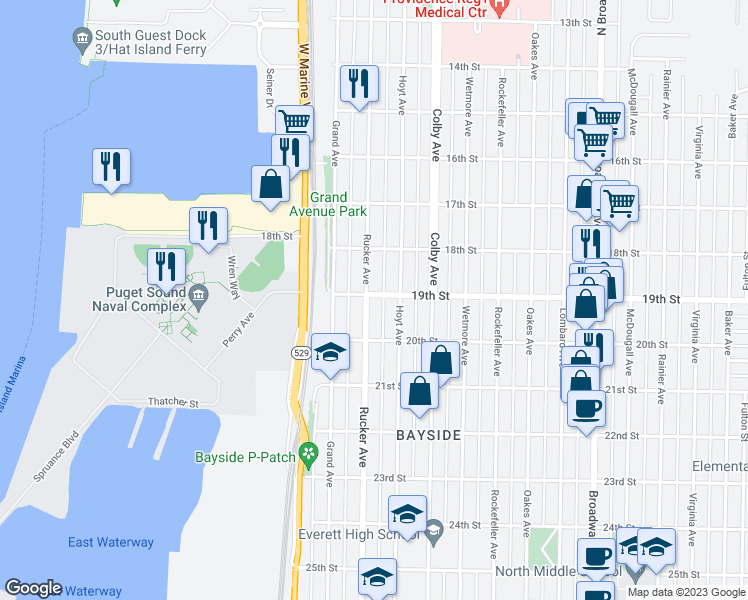 map of restaurants, bars, coffee shops, grocery stores, and more near 1901 Rucker Avenue in Everett