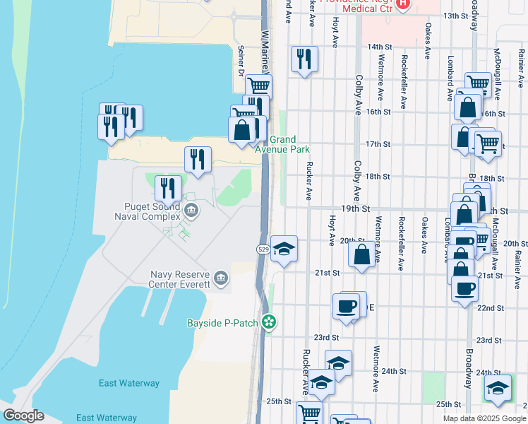 map of restaurants, bars, coffee shops, grocery stores, and more near 2000 West Marine View Drive in Everett