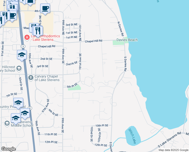 map of restaurants, bars, coffee shops, grocery stores, and more near 410 103rd Avenue Southeast in Lake Stevens