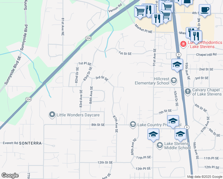 map of restaurants, bars, coffee shops, grocery stores, and more near 410 87th Avenue Southeast in Lake Stevens