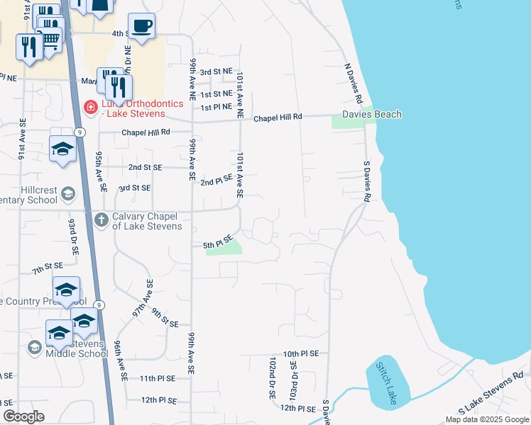 map of restaurants, bars, coffee shops, grocery stores, and more near 405 102nd Drive Southeast in Lake Stevens