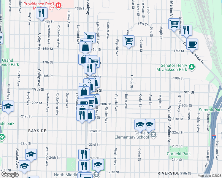 map of restaurants, bars, coffee shops, grocery stores, and more near 2311 19th Street in Everett