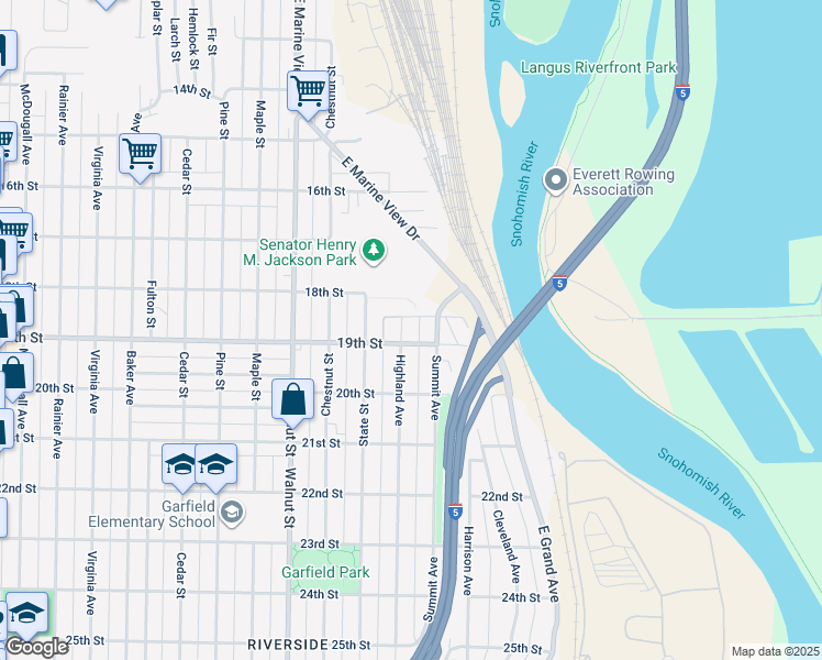map of restaurants, bars, coffee shops, grocery stores, and more near 1825 Highland Avenue in Everett