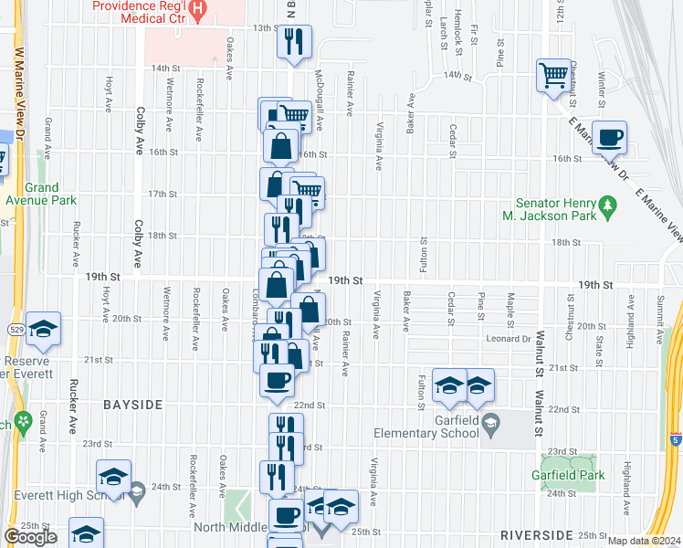 map of restaurants, bars, coffee shops, grocery stores, and more near 2211 19th Street in Everett
