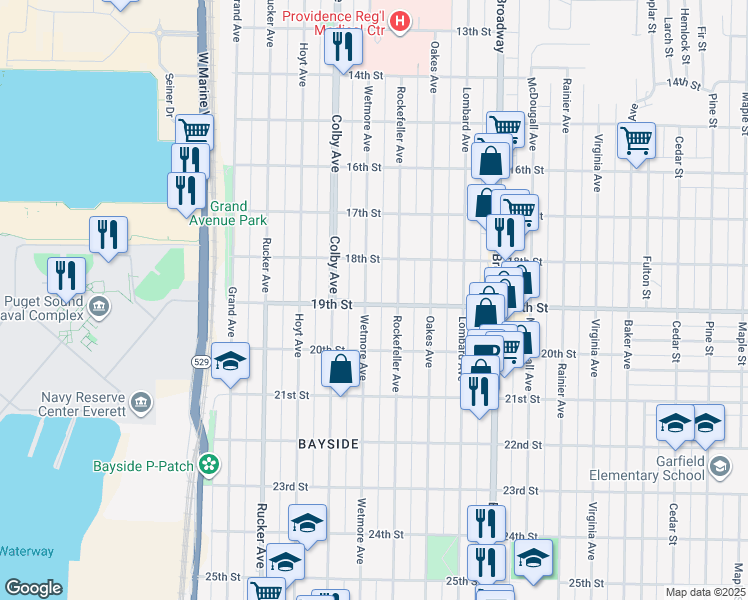 map of restaurants, bars, coffee shops, grocery stores, and more near 105 19th Street in Everett