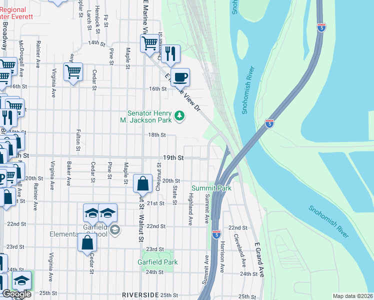 map of restaurants, bars, coffee shops, grocery stores, and more near 1824 Highland Avenue in Everett