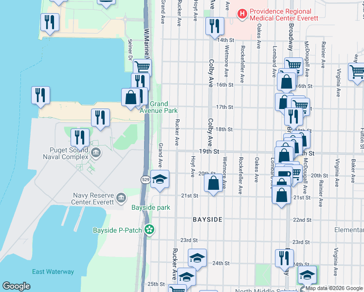 map of restaurants, bars, coffee shops, grocery stores, and more near 1901 Rucker Avenue in Everett
