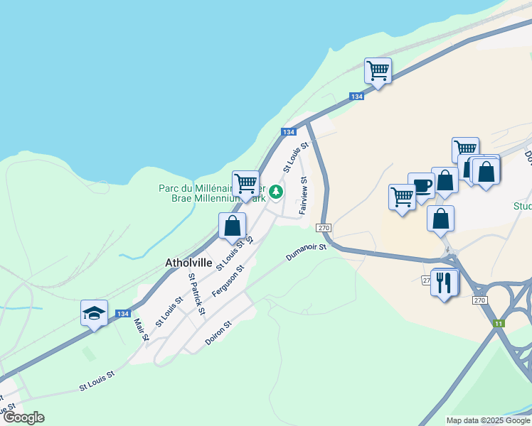 map of restaurants, bars, coffee shops, grocery stores, and more near 132 Saint Louis Street in Atholville