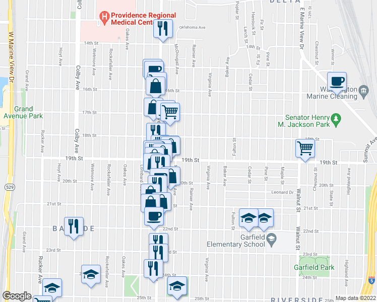 map of restaurants, bars, coffee shops, grocery stores, and more near 1822 Rainier Avenue in Everett